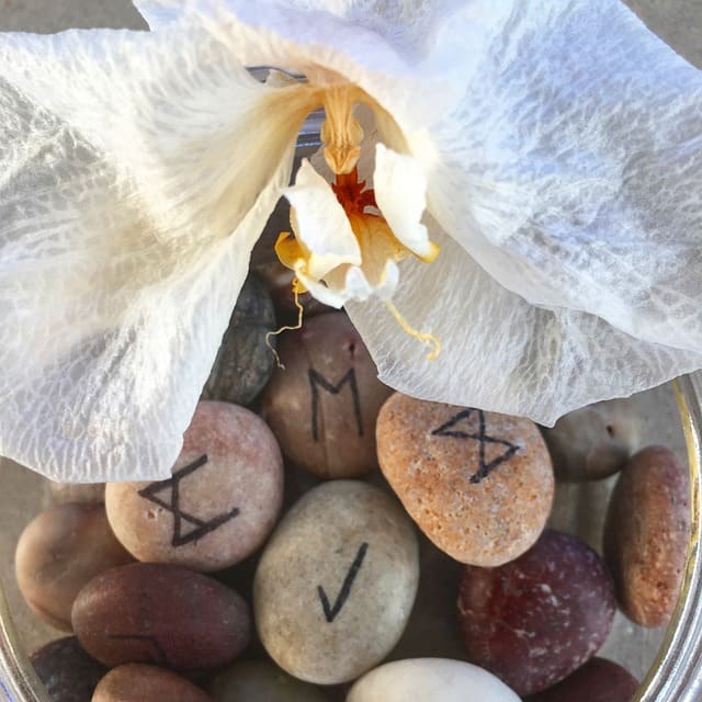 Imagem de runas de pedra e em cima delas uma orquídia branca. A imagem ilustra a tirda de Runas do Amor online - Leitura Grátis do Site Ori Mystyco.